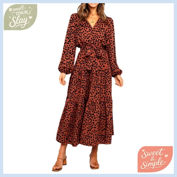 Long Sleeve Wrap V-Neck Maxi Dress Floral Ruffle Tie Waist Boho Chiffon